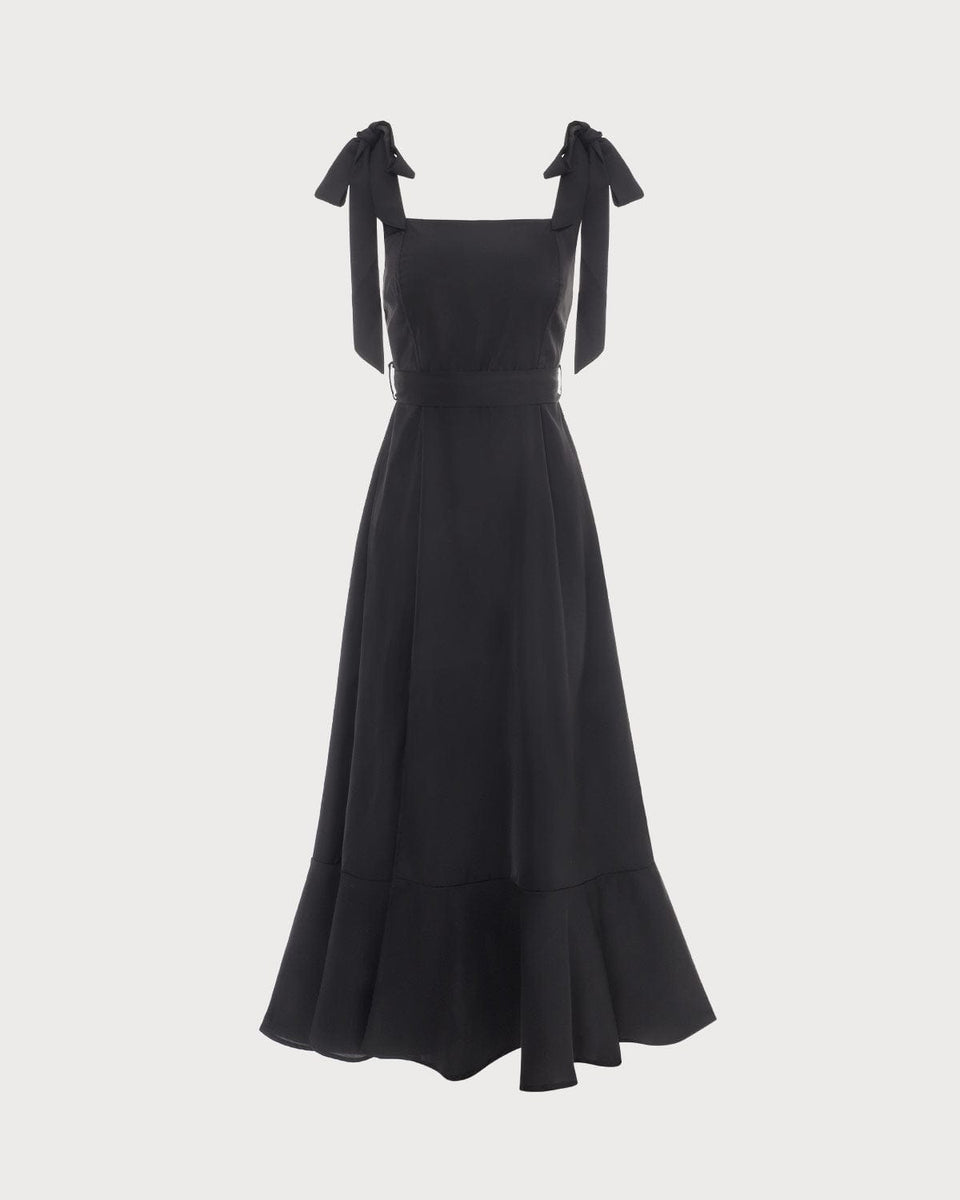 The Black Ruffle Hem Tie Strap Maxi Dress Womens Black Ruffle Prom Formal Sleeveless Dress 