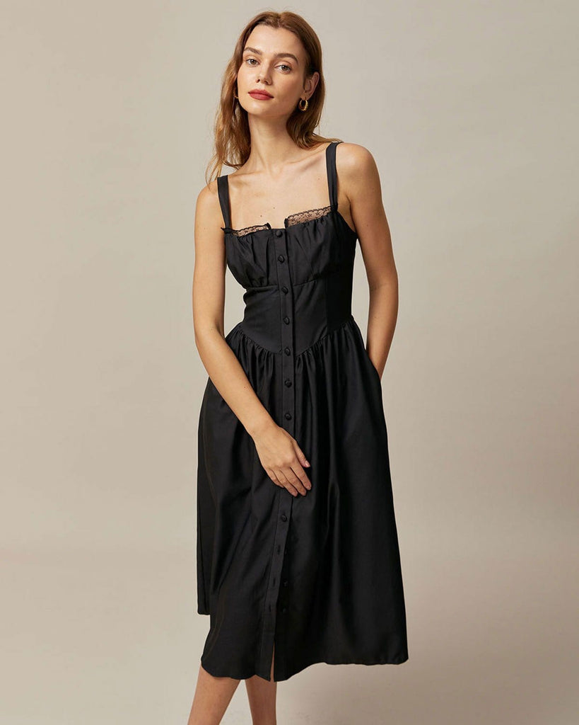 The Black Square Neck Lace Cami Midi Dress & Reviews - Black - Dresses ...