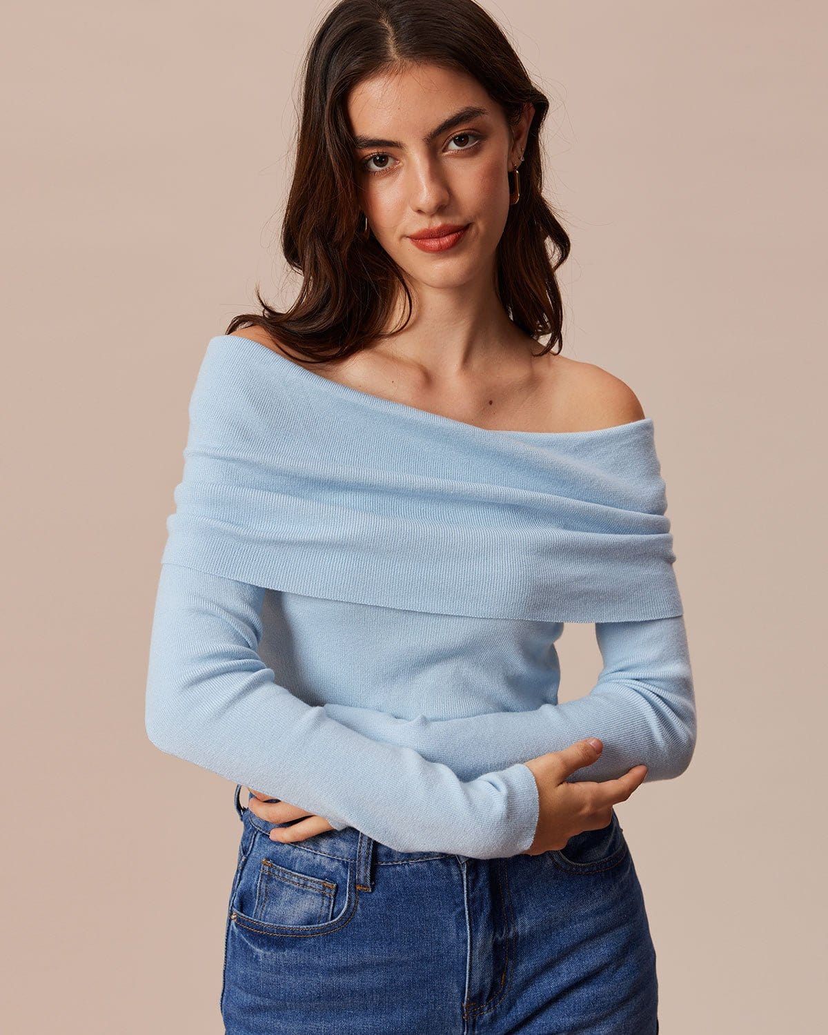 The Blue Off The Shoulder Ruched Knit Top