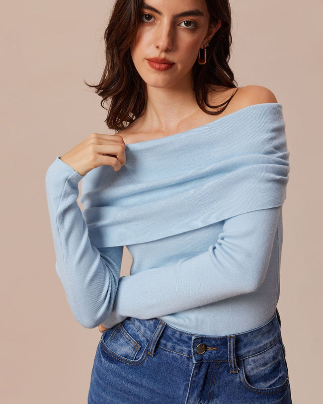 The Blue Off The Shoulder Ruched Knit Top & Reviews - Blue - Tops