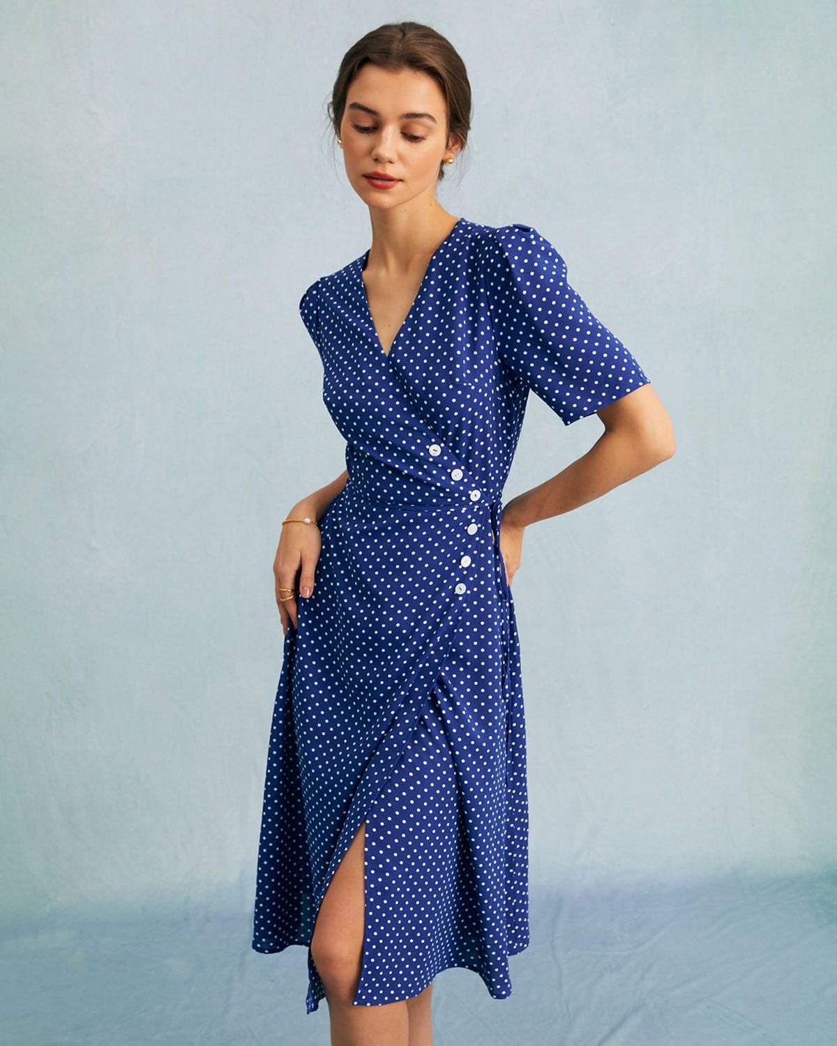 The Blue V Neck Polka Dot Wrap Midi Dress