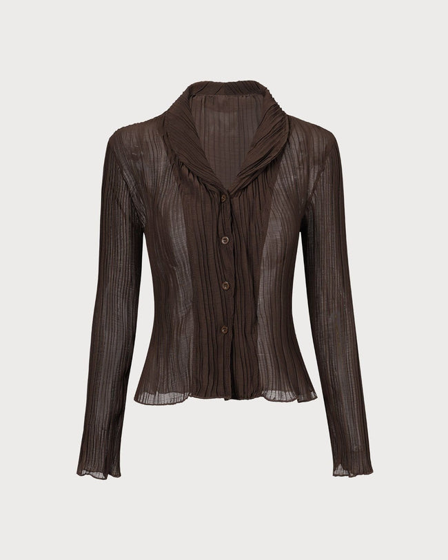 The Brown Lapel Pleated See Through Shirt & Reviews - Brown - Tops