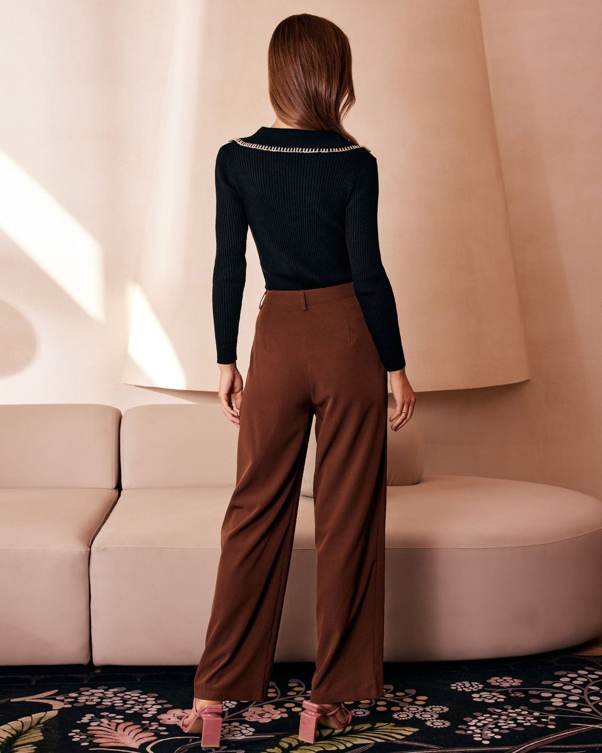 The Brown Pleated Button Wide Leg Pants