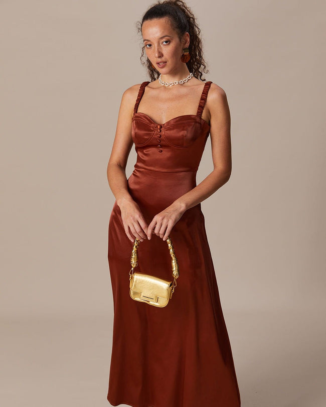 The Brown Sweetheart Neck Ruched Maxi Dress