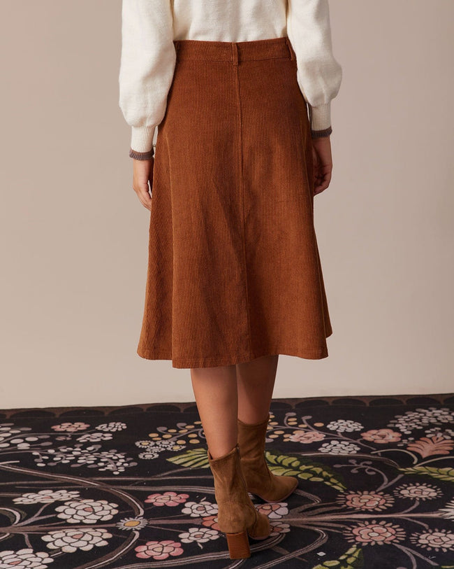 The Brown Button-Front Corduroy Midi Skirt