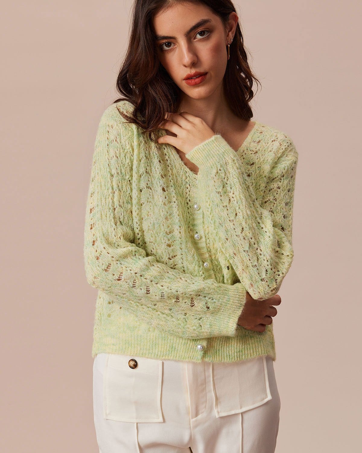 The Solid Round Neck Pointelle Cardigan - Long Sleeve, Button