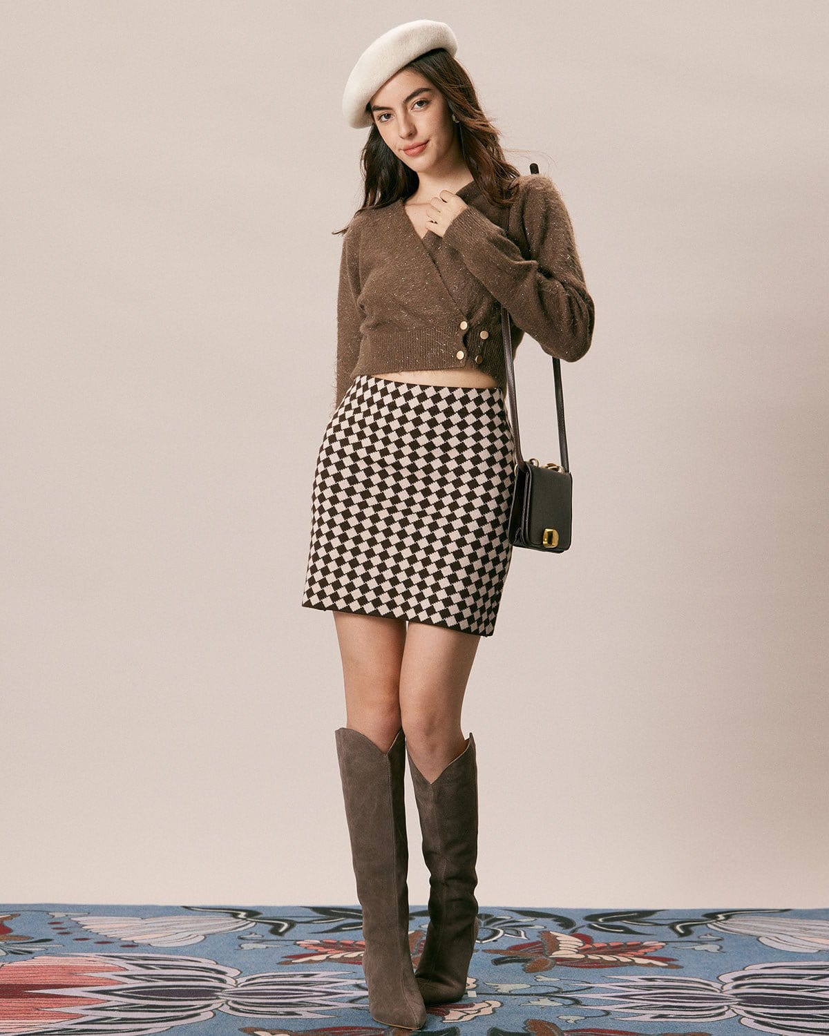 The Coffee Geometric Plaid Knit Mini Skirt