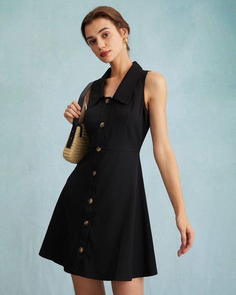 The Black Collared Sleeveless A Line Shirt Mini Dress Black Collared Sleeveless Button Up Dresses Black Dresses RIHOAS