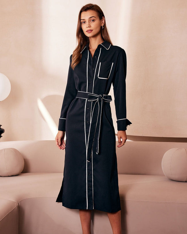 The Black Contrast Belted Shirt Midi Dress - Long Sleeve Belted Button Shirt  Midi Dress - Black - Dresses | RIHOAS