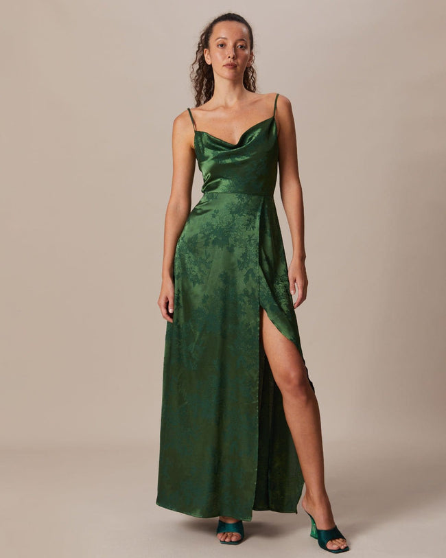 Off the Shoulder Emerald Green Satin Long Prom Dresses with Leg Slit, –  jbydress