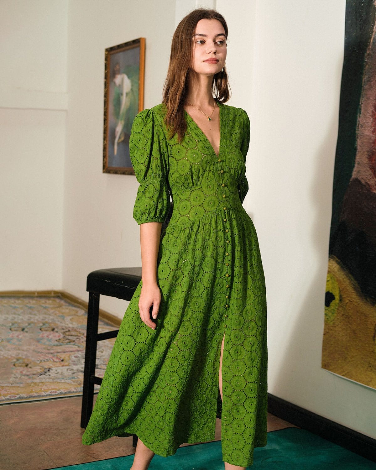 The Cutout Split Maxi Dress - Green Cut Out Short Sleeve Slit Maxi Dress -  Green- Dresses