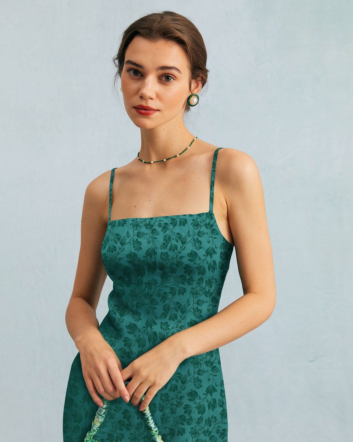 The Dark Green Floral Jacquard Slip Mini Dress Dark Green Floral Print Mini Dress Dark Green 