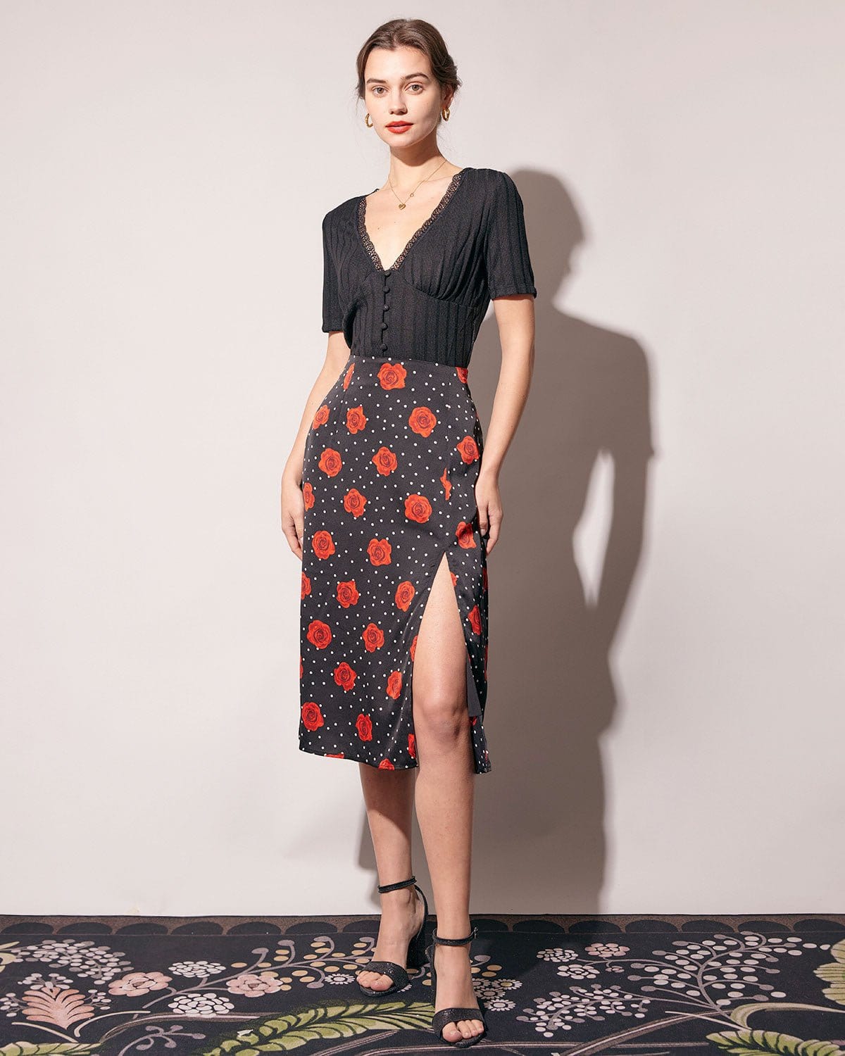 The High Waisted Floral Slit Midi Skirt & Reviews - Black 