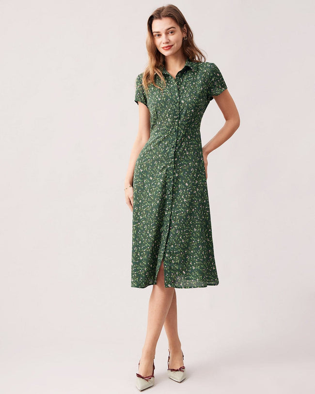 The Green Lapel Button Up Floral Midi Dress - Green Dress With Buttons ...