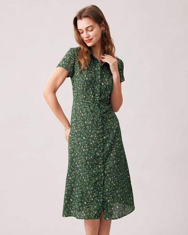 The Green Lapel Button Up Floral Midi Dress - Green Dress With Buttons ...