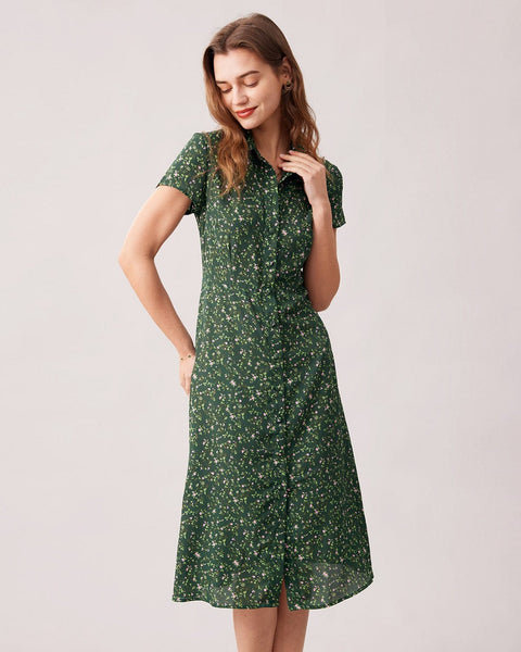 The Green Lapel Button Up Floral Midi Dress - Green Dress With