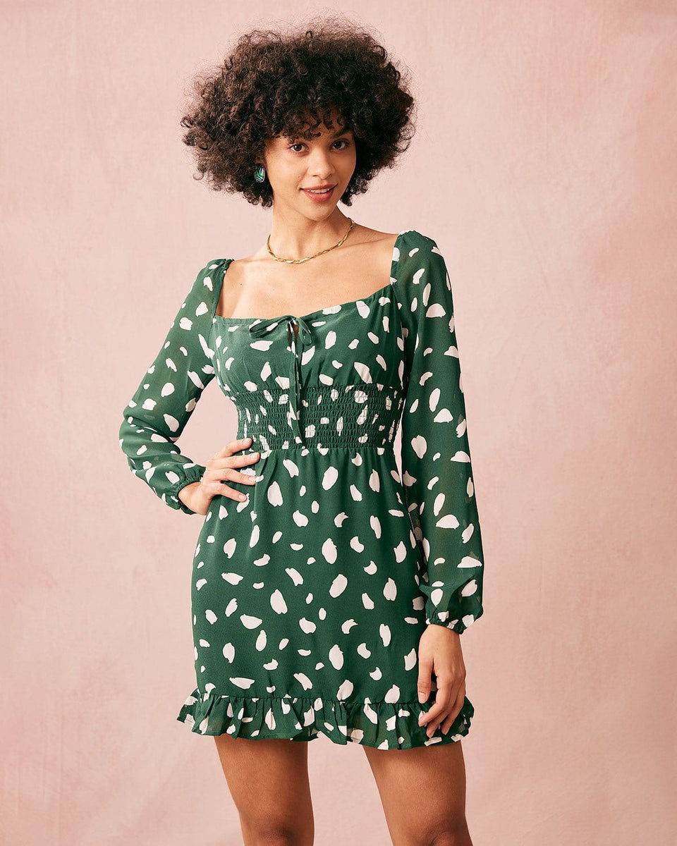 The Green Square Neck Long Sleeve Mini Dress & Reviews - Green ...