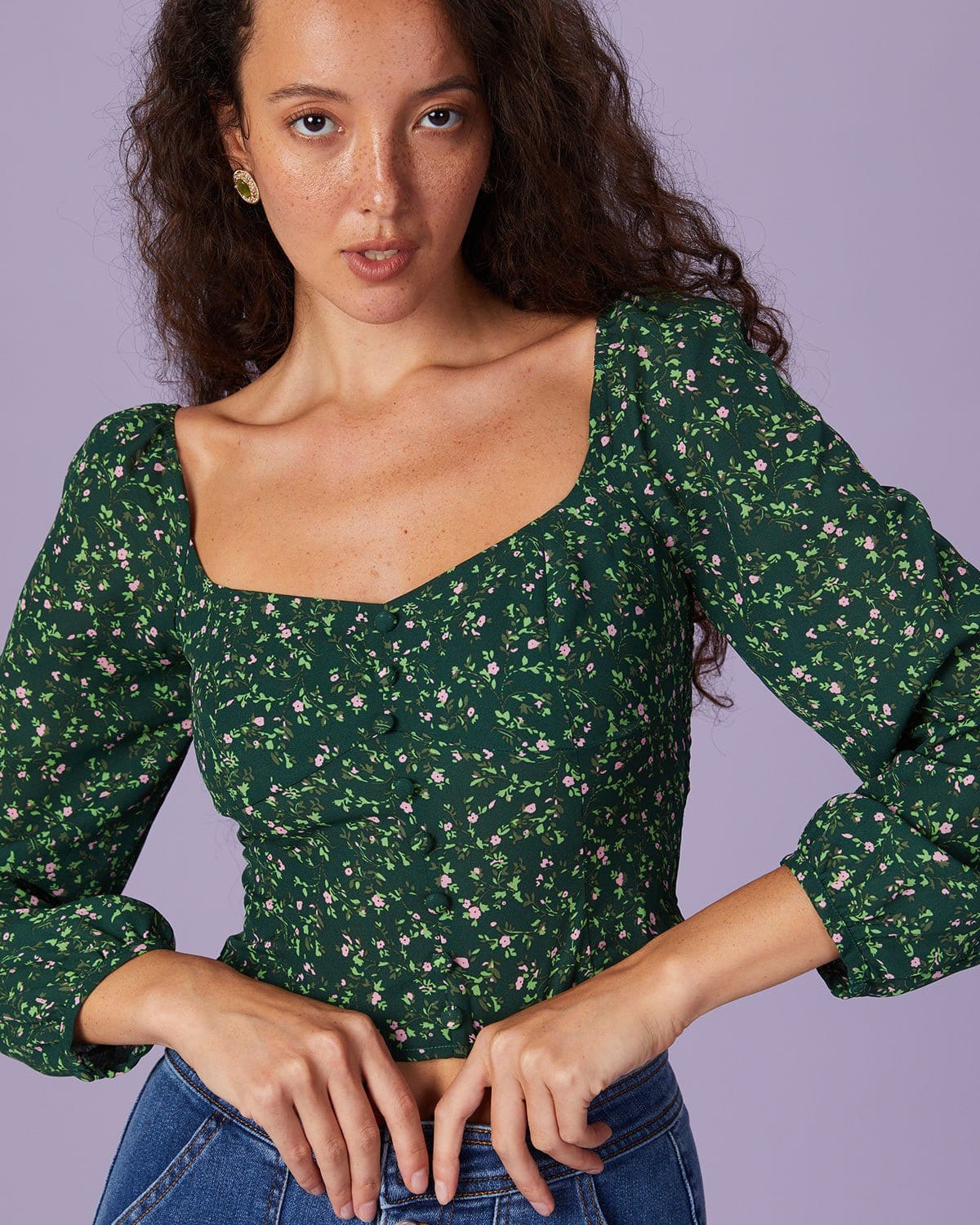 Lucky Brand Embroidered Square Neck Blouse In Deep Lichen Green