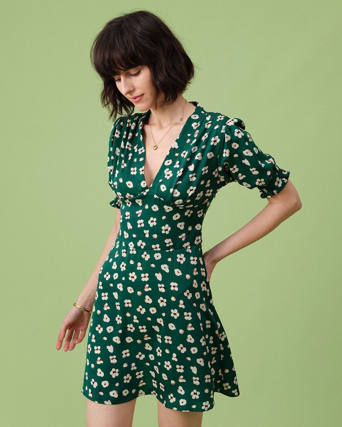 The Green V Neck Puff Sleeve Floral Mini Dress