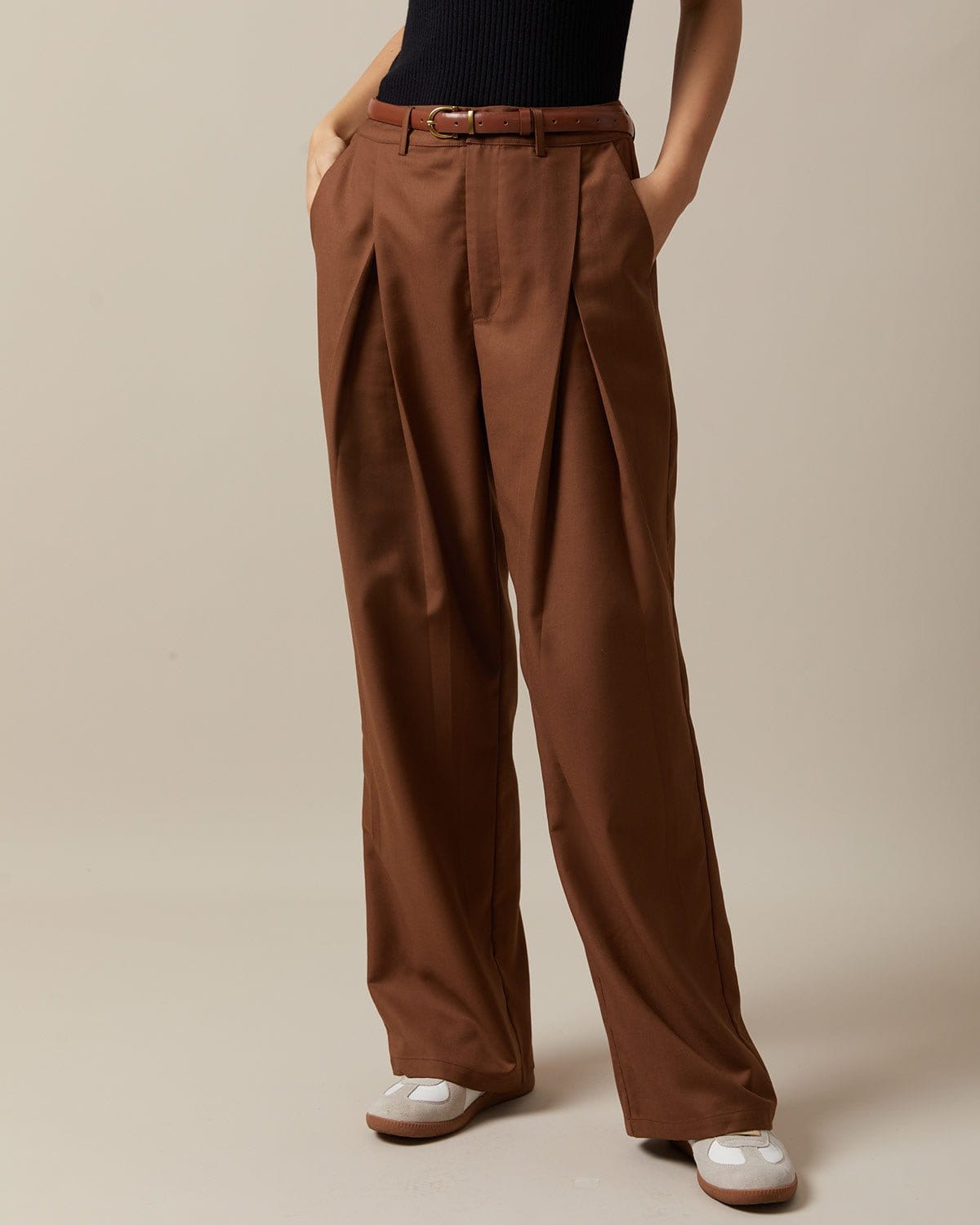 The Brown High Waisted Pleated Straight Pants - Women's High