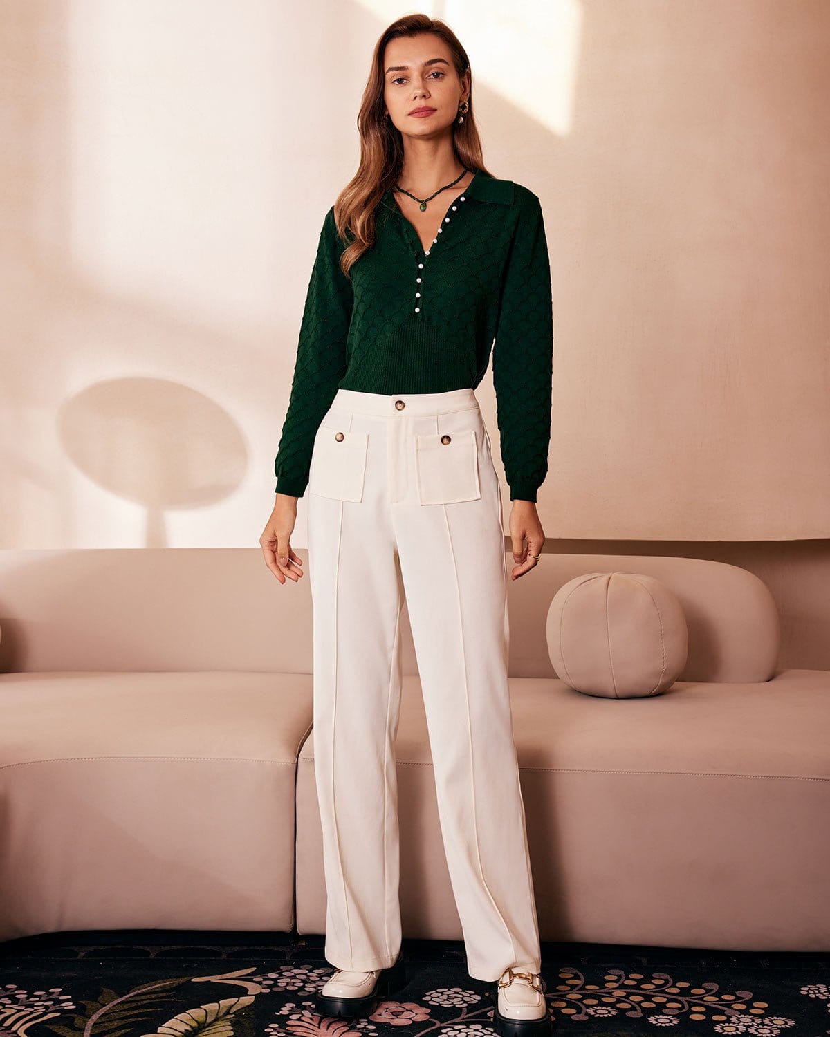 The White High Waisted Button Straight Pants - High Waisted Straight Leg  Pockets Work Pants - White - Bottoms