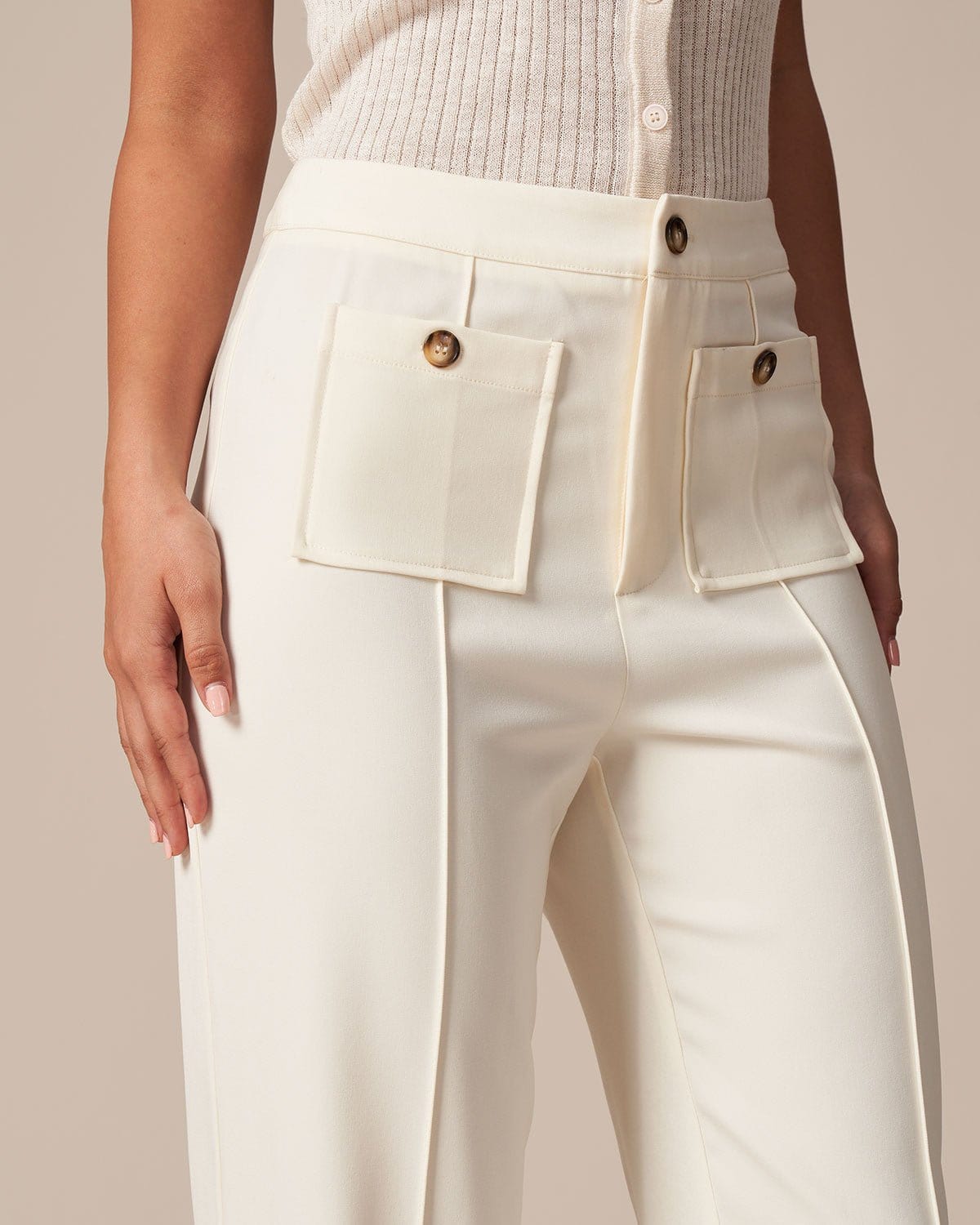 The White High Waisted Button Straight Pants - High Waisted Straight Leg  Pockets Work Pants - White - Bottoms