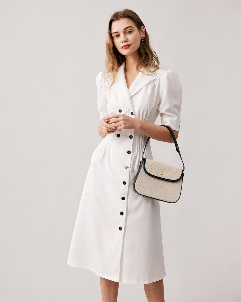 The White Lapel Neck Pleated Shirt Dress - Women's High Waisted Pleated ...