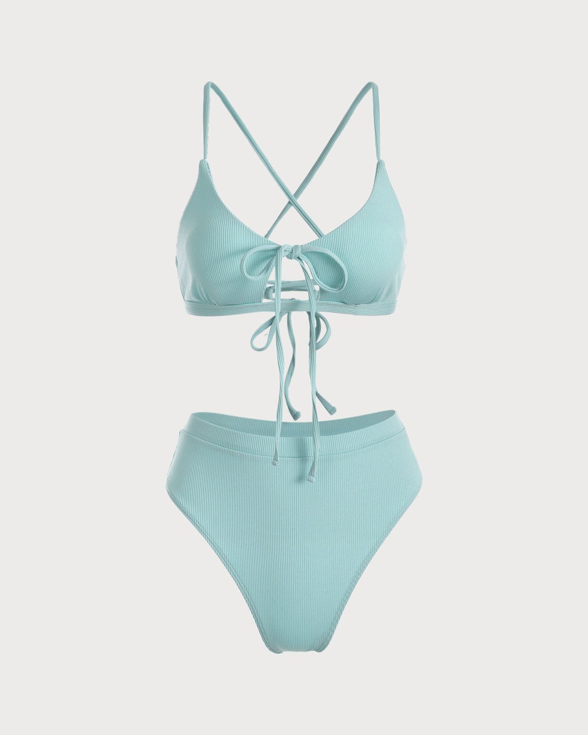 The Blue Criss Cross Cutout Ribbed Bikini Set - High Cut Swimsuit Ribbed  Spaghetti Strap Swimsuit - Light Blue - Bikinis