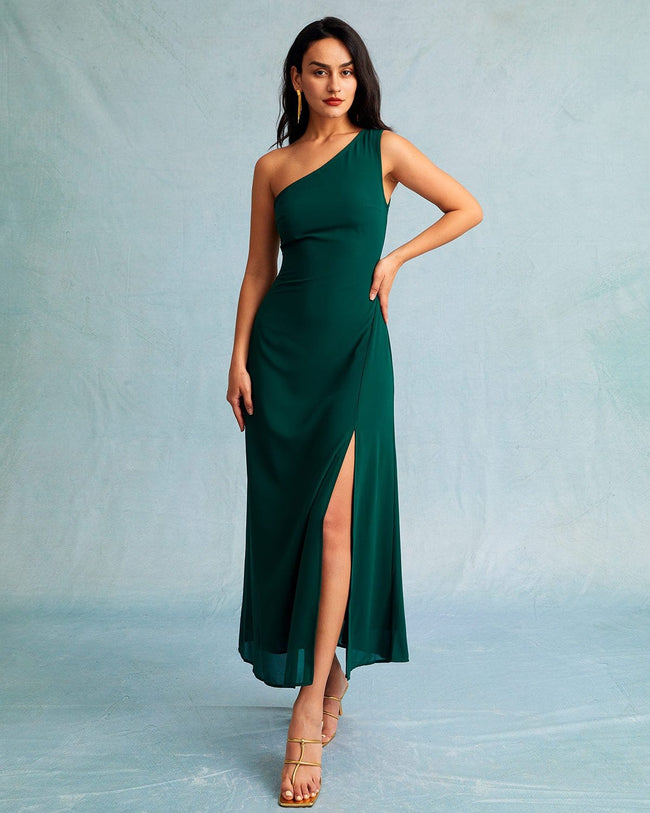 Mac Duggal Beaded Cuff Drop Shoulder Asymmetrical One Shoulder Long Sleeve  Thigh High Slit Gown | Dillard's