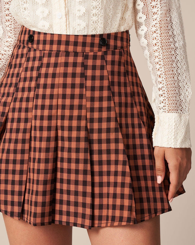 The Brown High Waist Pleated Plaid Mini Skirt