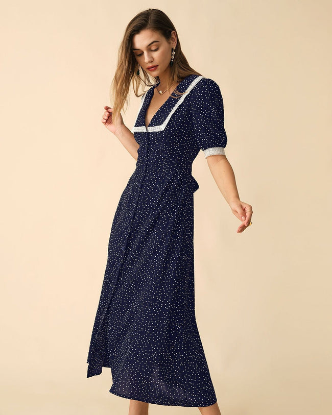 The Navy Polka Dot Lace Trim Midi Dress