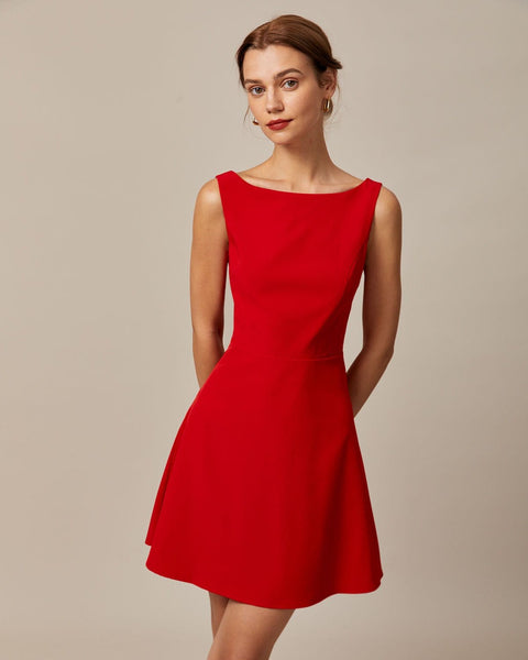 The Red Boat Neck High Waisted Mini Dress Boat Neck Sleeveless A Line Backless Mini Dress Red Dresses RIHOAS