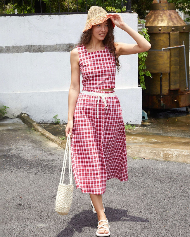 Elastic waist outlet plaid skirt