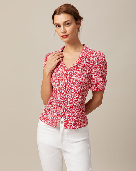 The Red V Neck Floral Button Puff Sleeve Shirt & Reviews - Red - Tops