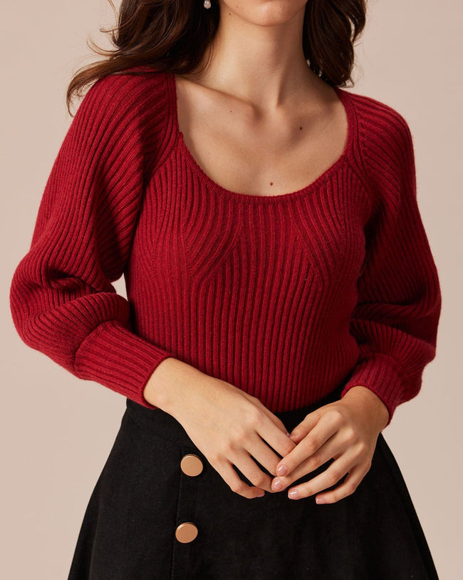 Yaura high neck fitted lantern sleeve top in fiery red