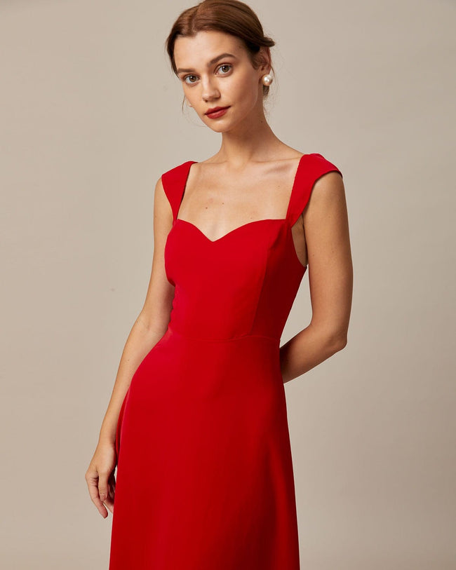 The Red Sweetheart Neck Cap Sleeve Midi Dress - Red Sweetheart