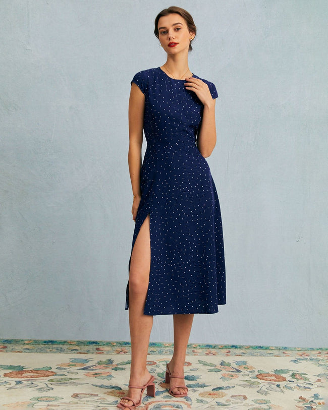 The Navy Round Neck Polka Dot Cutout Midi Dress - Round Neck Prom Summer  Solid Color Dresses - Navy - Dresses