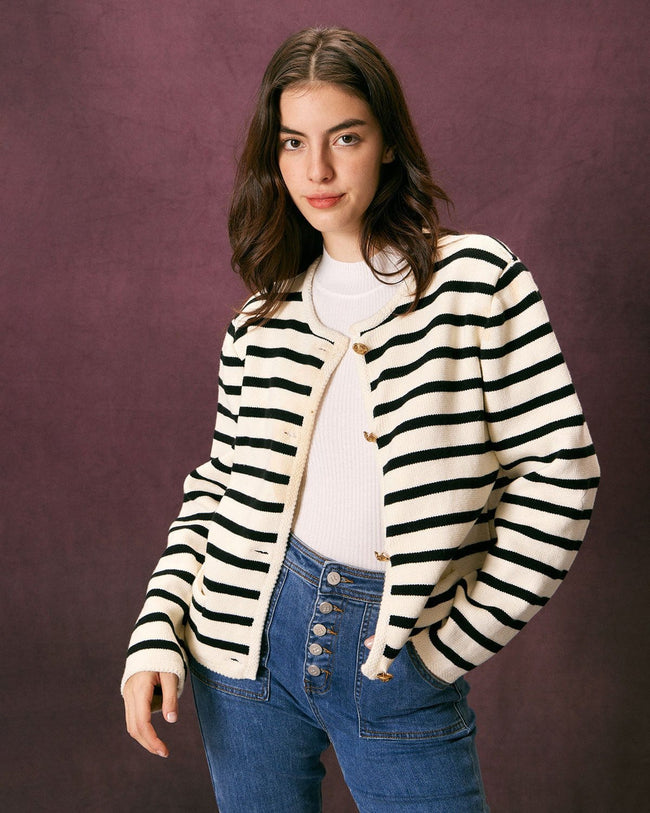 Beige Striped Long Sleeve Ribbed Trim Button Cardigan