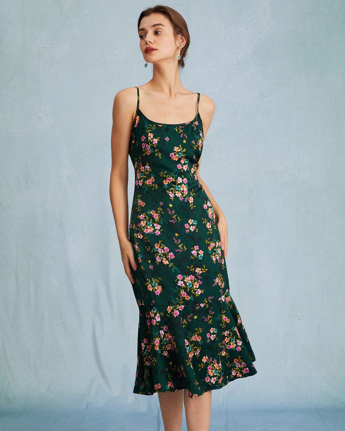 Rihoas Satin Floral Tie Strap Slit Midi Dress for Women, Light Green / XL