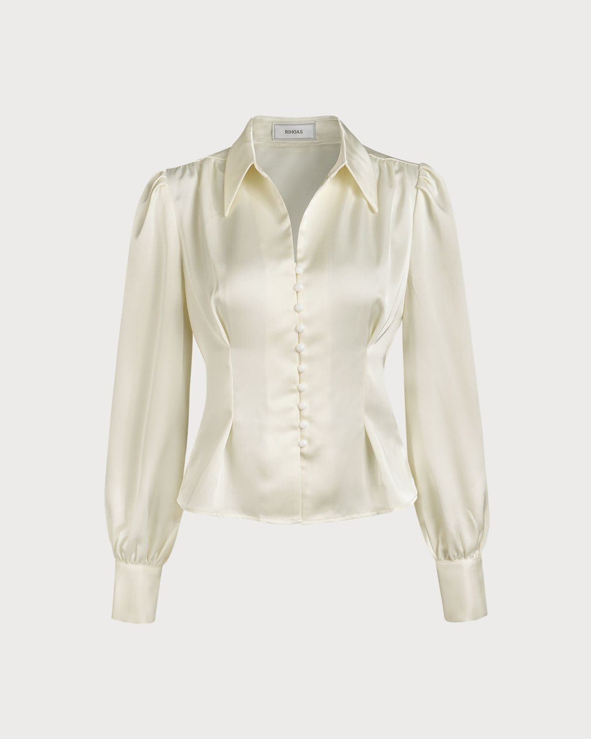The Solid Collared Puff Sleeve Satin Blouse - Satin Puff Long Sleeve Button  Front Crop Top - Beige - Tops