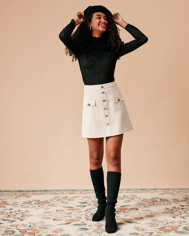 The High Waisted Single-breasted Tweed Skirt - White Tweed A Line