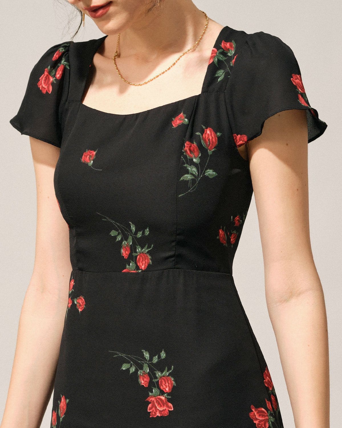 The Black Square Neck Backless Floral Midi Dress - Backless Short