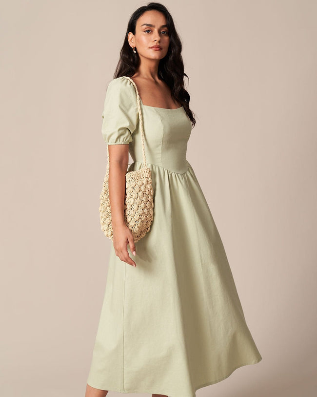 The Light Green Square Neck Shirred Midi Dress & Reviews - Light