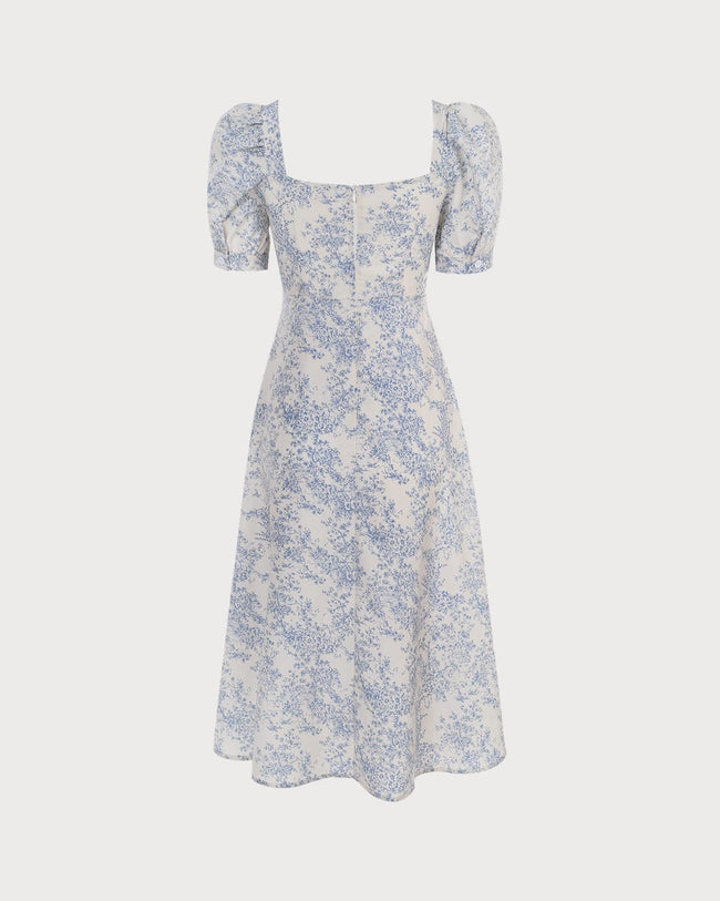 The Blue Sweetheart Neck Puff Sleeve Floral Midi Dress - High Waisted ...