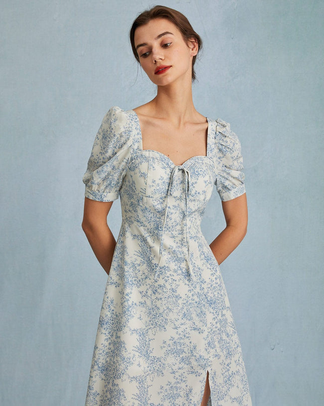 The Blue Sweetheart Neck Puff Sleeve Floral Midi Dress - High Waisted ...
