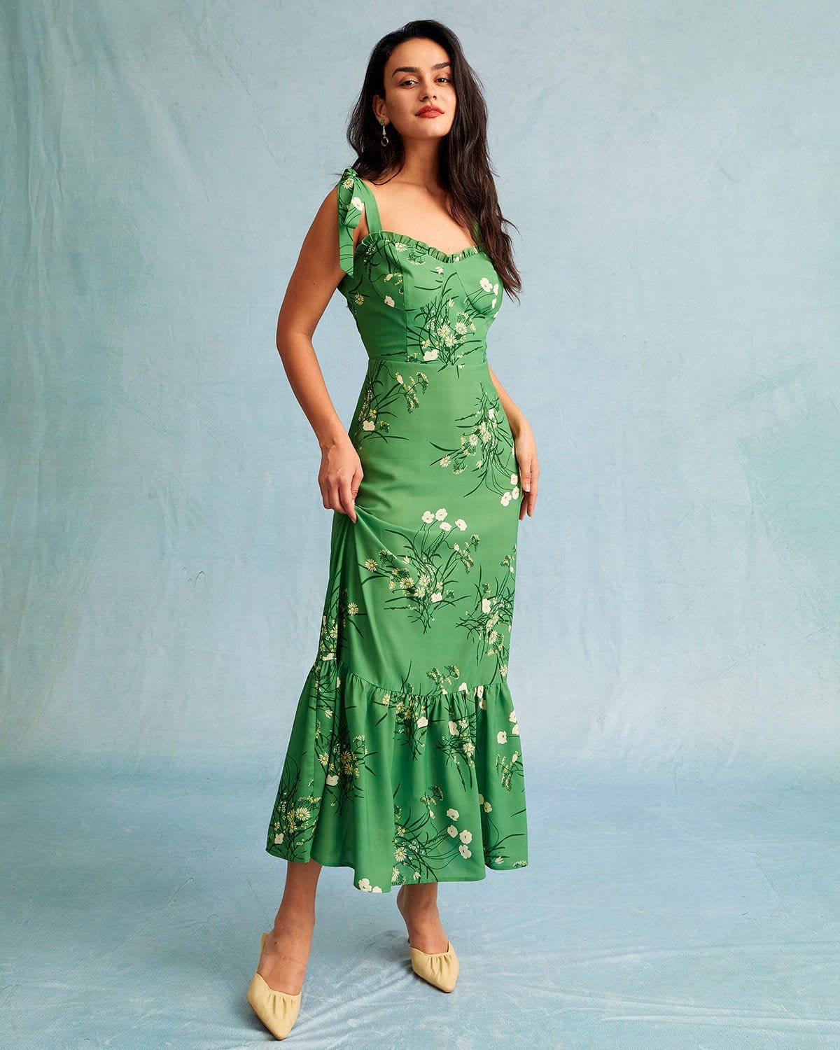The Green Floral Tie Shoulder Ruffle Maxi Dress - Green Sleeveless