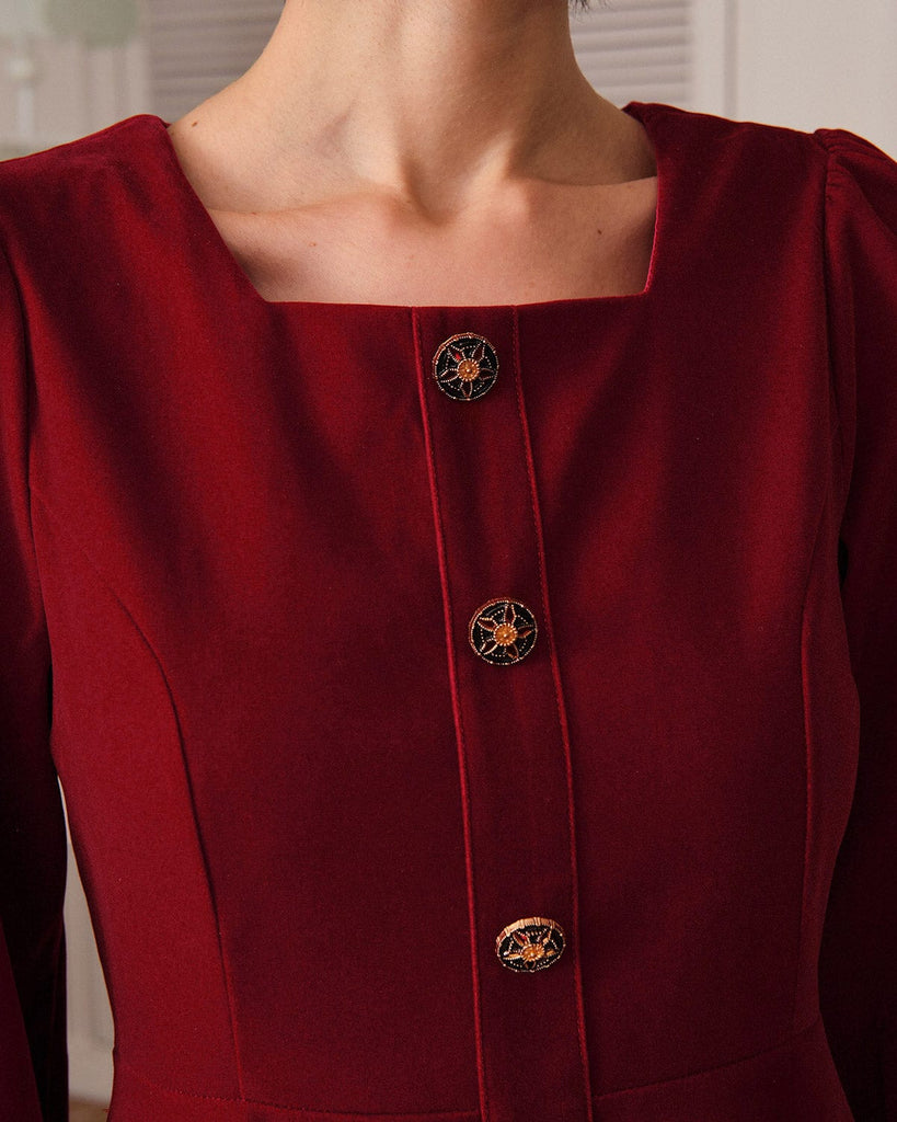The Solid Square Neck Velvet Mini Dress & Reviews - Red - Dresses | RIHOAS