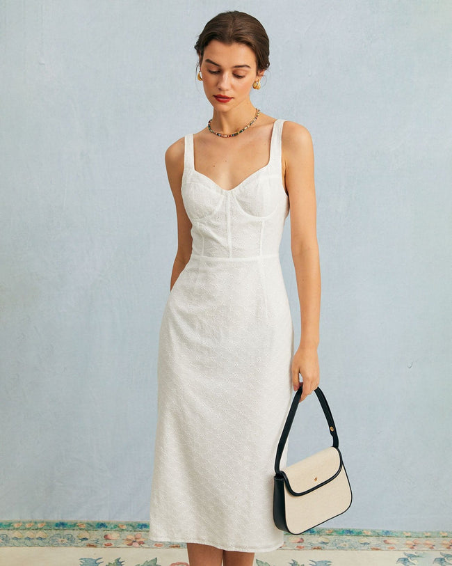 The White Sweetheart Neck Embroidery Midi Dress