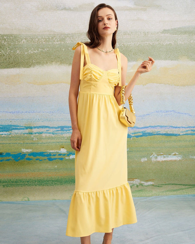 Caitlin Satin Slit Maxi Dress in Yellow | LUCY IN THE SKY